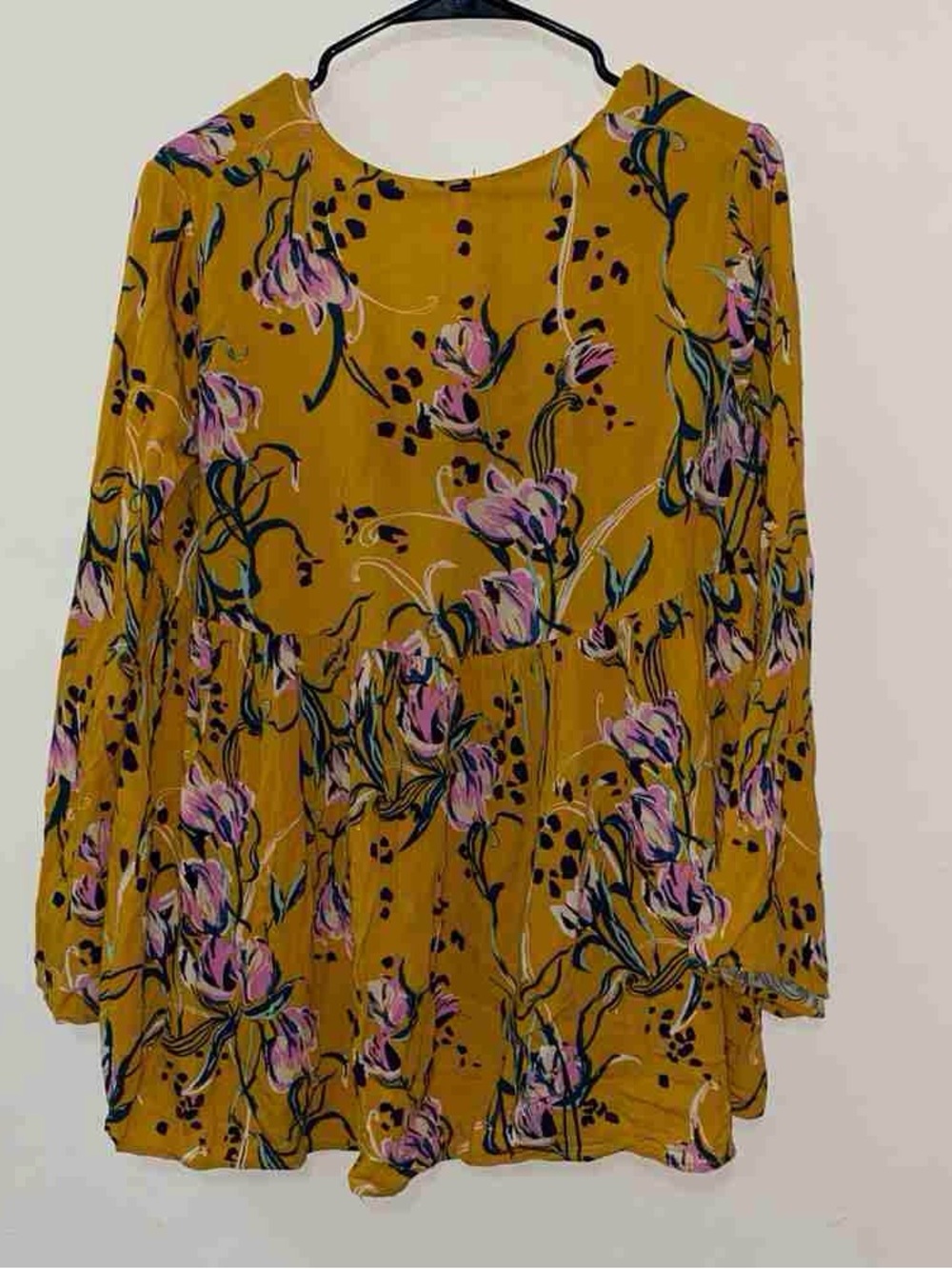Free People Mustard Floral V-Neck Peasant Blouse with Pink and Green - Picture 2 of 3